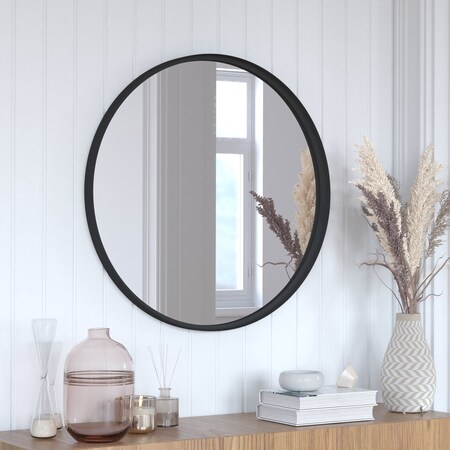 Flash Furniture 30in Round Black Metal Framed Accent Wall Mirror HMHD-22M116YA-BLK-GG